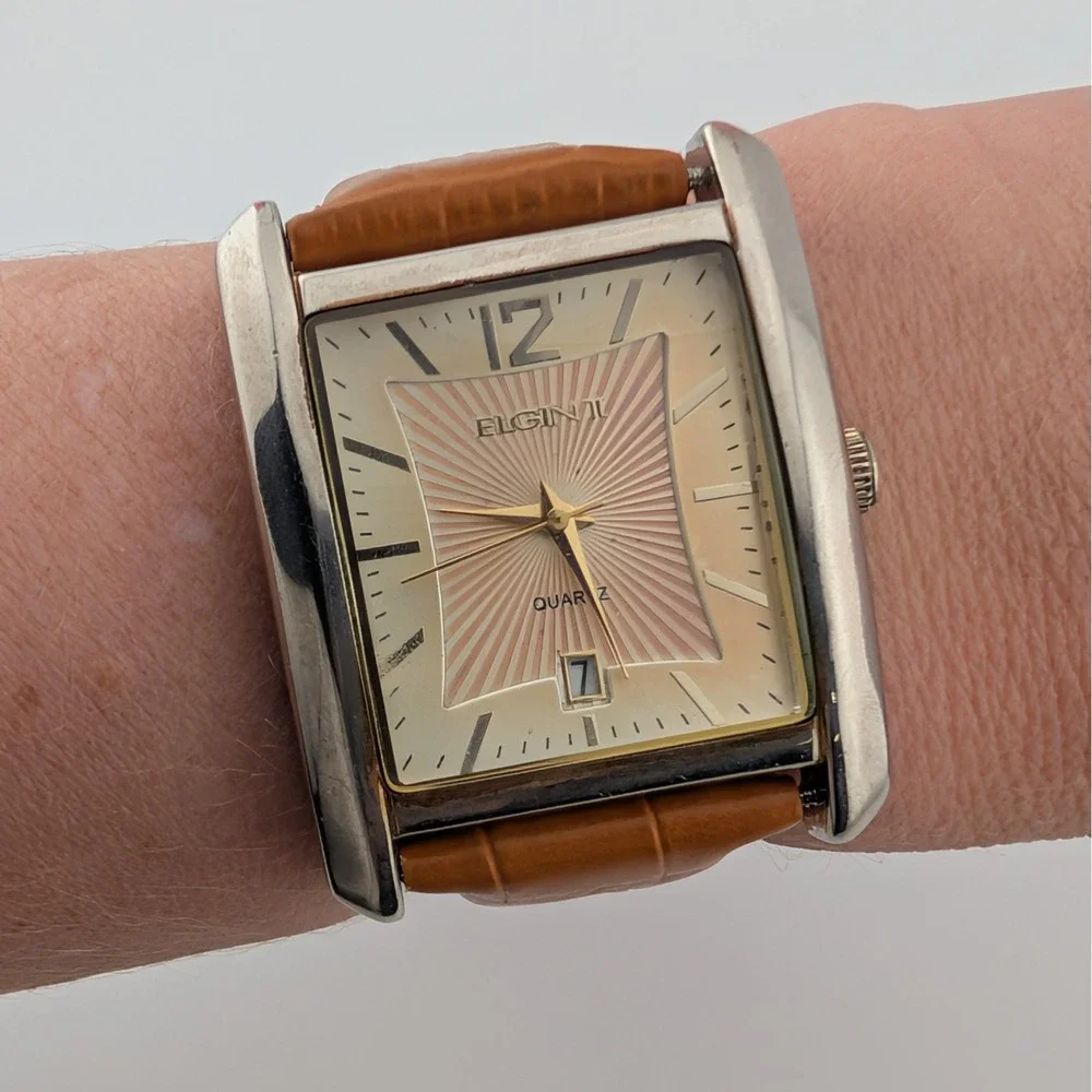 Elgin II EL2C1 Men's Rectangular Quartz Sunburst Dial Date Watch New Strap Y2K
